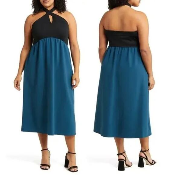 Chelsea28 Mixed Media Colorblock Sleeveless Halter Midi Dress Blue/Black 2X NWT - Picture 1 of 15